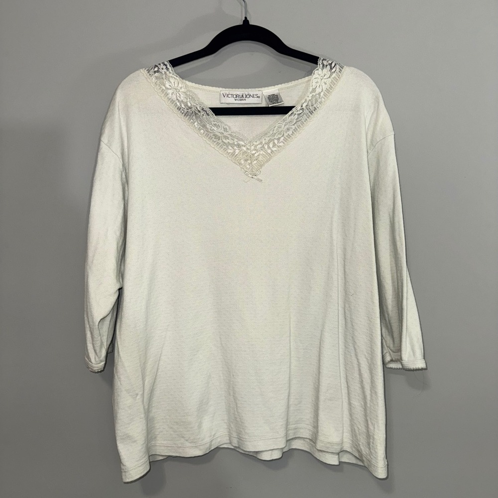 Victoria Jones Woman Cream Cotton Pointelle Lace V-Neck 3/4 Sleeve‎ Top 1X